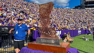 Golden Boot Trophy in the endzone as the LSU Tigers take on the Arkansas Razorbacks. November 15, 2025; Baton Rouge, Louisiana, USA; at Tiger Stadium.