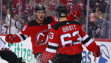 Jack Hughes and Jesper Bratt celebrate. Mandatory Credit: Ed Mulholland-USA TODAY Sports