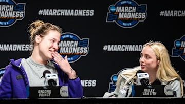 TCU center Sedona Prince and guard Hailey Van Lith share a laugh while speaking to the media during a press conference.