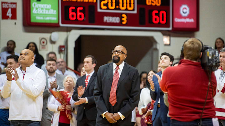 Indiana Head Coach Mike Woodson during Senior Day festivities after the Indiana versus Ohio State men's basketball game at Simon Skjodt Assembly Hall on Saturday, March 8, 2025. Indiana Head Coach Mike Woodson during Senior Day festivities after the Indiana versus Ohio State men's basketball game at Simon Skjodt Assembly Hall on Saturday, March 8, 2025.