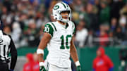 Oct 14, 2024; East Rutherford, New Jersey, USA; New York Jets wide receiver Allen Lazard (10) reacts after catching a pass for a first down against the Buffalo Bills during the second half at MetLife Stadium. Mandatory Credit: Ed Mulholland-Imagn Images
