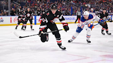Tage Thompson (72) chases down the puck the defensive zone in Monday night's win against Edmonton. 