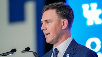 New Kentucky Wildcat head coach Will Stein makes remarks as he is introduced at Kentucky on Wednesday, December 3, 2025