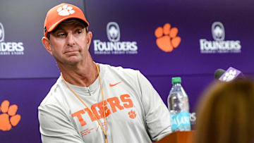 Clemson football head coach Dabo Swinney talks with media before the first football practice at the Allen N. Reeves Football Complex at Clemson University in Clemson, S.C. Friday, February 28, 2025.
