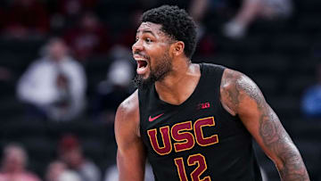 USC Trojans forward Rashaun Agee (12) celebrates scoring Wednesday, March 12, 2025, in a first round game at the 2025 TIAA Big Ten Men’s Basketball Tournament between the USC Trojans and the Rutgers Scarlet Knights at Gainbridge Fieldhouse in Indianapolis. The Hawkeyes defeated the Buckeyes, 77-70.