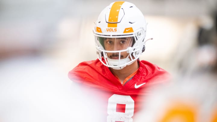 Tennessee quarterback Nico Iamaleava (8) during UT's first spring football practice on Monday, March 18, 2024.