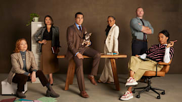 WILL TRENT - ABC's “Will Trent“ stars Erika Christensen as Angie Polaski, Gina Rodriguez as Marion Alba, Ramón Rodriguez as Will Trent, Bluebell as Betty, Sonja Sohn as Amanda Wagner, Jake McLaughlin as Michael Ormewood, and Iantha Richardson as Faith Mitchell. (Disney/Nino Muñoz)