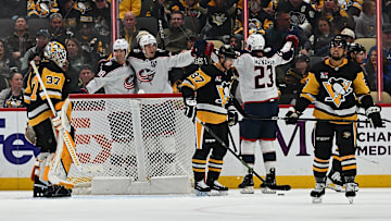 The Blue Jackets celebrate a goal against the Pittsburgh Penguins.