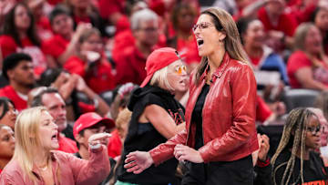 Indiana Fever head coach Stephanie White yells in excitement Tuesday, Sept. 16, 2025, during Game 2 of a WNBA playoff matchup between the Indiana Fever and the Atlanta Dream at Gainbridge Fieldhouse in Indianapolis. The Indiana Fever defeated the Atlanta Dream, 77-60.