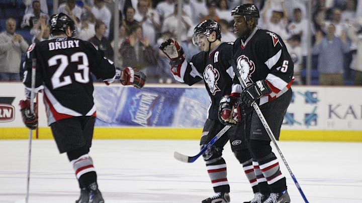 Former Buffalo Sabres Daniel Briere, Chris Drury and Mike Grier