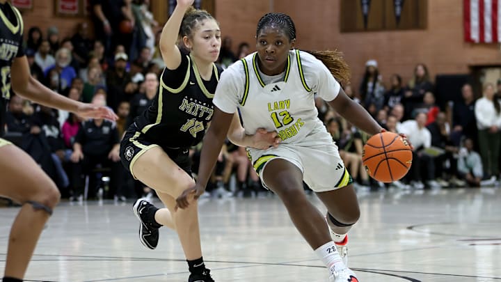 Ontario Christian freshman Tati Griffin drives hard to the basket en route to two of her 14 points, helping the Knights beat Archbishop Mitty 61-44 in the premier game of the 4th Sabrina Ionescu Classic in Concord 1/4/2025 Ontario Christian freshman Tati Griffin drives hard to the basket en route to two of her 14 points, helping the Knights beat Archbishop Mitty 61-44 in the premier game of the 4th Sabrina Ionescu Classic in Concord 1/4/2025