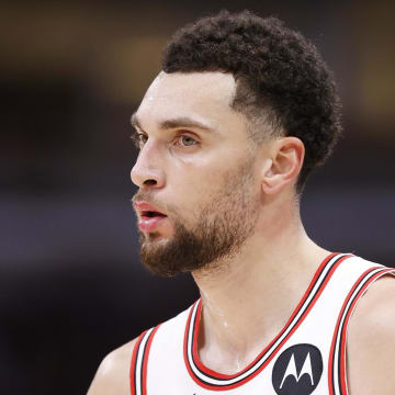 Chicago Bulls guard Zach LaVine (8) reacts during the second half of a basketball against the Orlando Magic at United Center. Mandatory Credit: