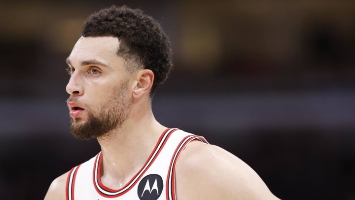 Chicago Bulls guard Zach LaVine (8) reacts during the second half of a basketball against the Orlando Magic at United Center. Mandatory Credit: