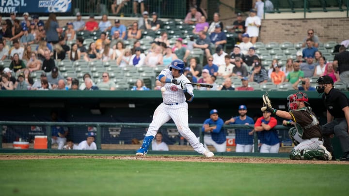 Moises Ballesteros (35) of the South Bend Cubs strikes during the fourth inning the South Bend Cubs vs. Fort Wayne TinCaps game at Four Winds Stadium in South Bend on June 23, 2023.