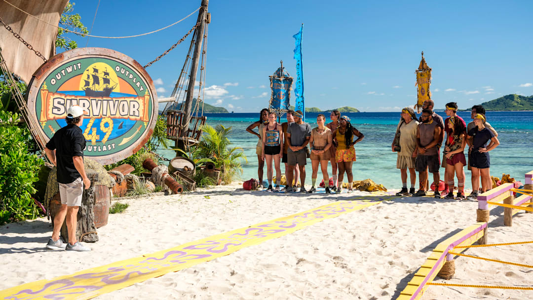 “Go Kick Rocks, Bro” – An unexpected shakeup shifts the castaways’ game trajectories in an all-new direction. Teammates must rely on one another to succeed in a grueling immunity and reward challenge. Then, a wild goose chase unfolds to reinstate one castaway’s vote after the discovery of a beware advantage, on SURVIVOR, Wednesday, Oct. 15. Pictured (L-R): Jeff Probst, Michelle “MC” Chukwujekwu, Shannon Fairweather, Steven Ramm, Alex Moore, Sophie Segreti, Sage Ahrens-Nichols, Kristina Mills,