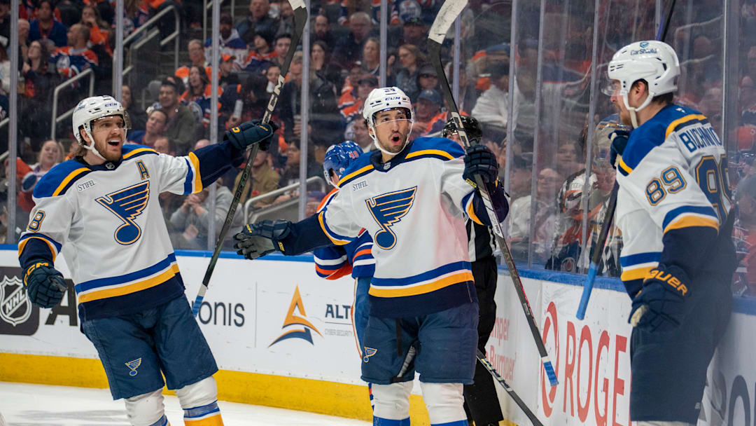 Blues star Jordan Kyrou with linemates Robert Thomas and Pavel Buchnevich