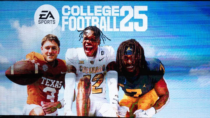 A commercial for the College Football 25 video game, featuring Texas Football quarterback Quinn Ewers plays during the fifth inning of the Longhorns' baseball game against the Kansas Jayhawks, Thursday, May 16, 2024 at UFCU Disch-Falk Field in Austin.