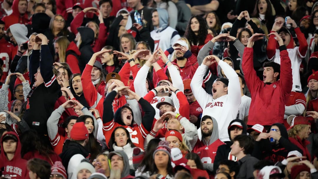 Nov 18, 2023; Columbus, Ohio, USA; Ohio State Buckeyes fans cheer during the second half of the NCAA football game against the Minnesota Golden Gophers at Ohio Stadium. Ohio State won 37-3.