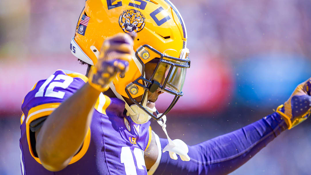 Kyle Parker 12 celebrates after scoring a touchdown as the LSU Tigers take on UCLA at Tiger Stadium in Baton Rouge, LA. Saturday, Sept. 21, 2024.