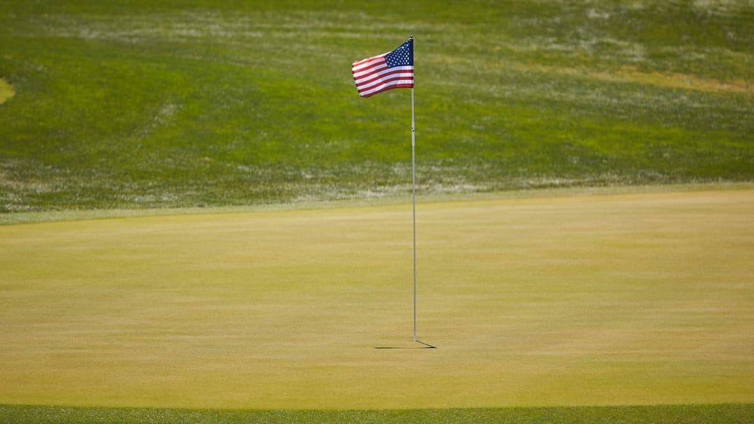 May 23, 2022; Scottsdale, Arizona, USA; The flag on the 18th hole was replaced with an American flag during round four of the NCAA Division 1 Women's Golf Championships at Grayhawk Golf Club.