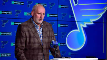 Feb 18, 2020; St. Louis, Missouri, USA;  St. Louis Blues general manager Doug Armstrong talks with the media about the acquisition of defenseman Marco Scandella from the Montreal Canadians prior to a game against the New Jersey Devils at Enterprise Center. Mandatory Credit: Jeff Curry-USA TODAY Sports