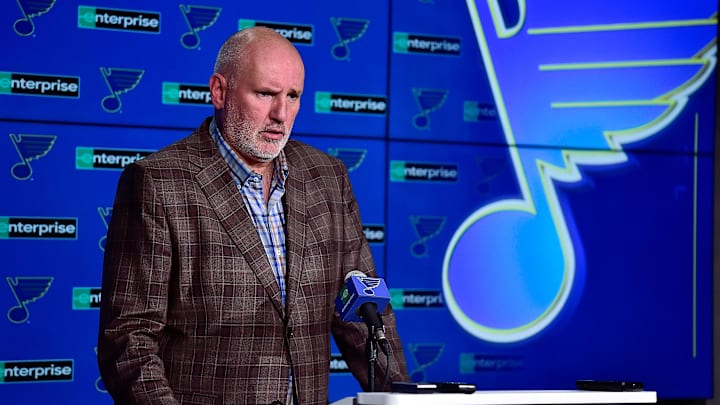 Feb 18, 2020; St. Louis, Missouri, USA;  St. Louis Blues general manager Doug Armstrong talks with the media about the acquisition of defenseman Marco Scandella from the Montreal Canadians prior to a game against the New Jersey Devils at Enterprise Center. Mandatory Credit: Jeff Curry-USA TODAY Sports