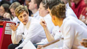 Indiana Head Coach Teri Moren talks with Ali Patberg during the Indiana versus Purdue women's basketball game at Simon Skjodt Assembly Hall on Saturday, Feb. 15, 2025.