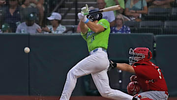 Daytona Tortugas shortstop Sammy Stafura (3) hits the ball