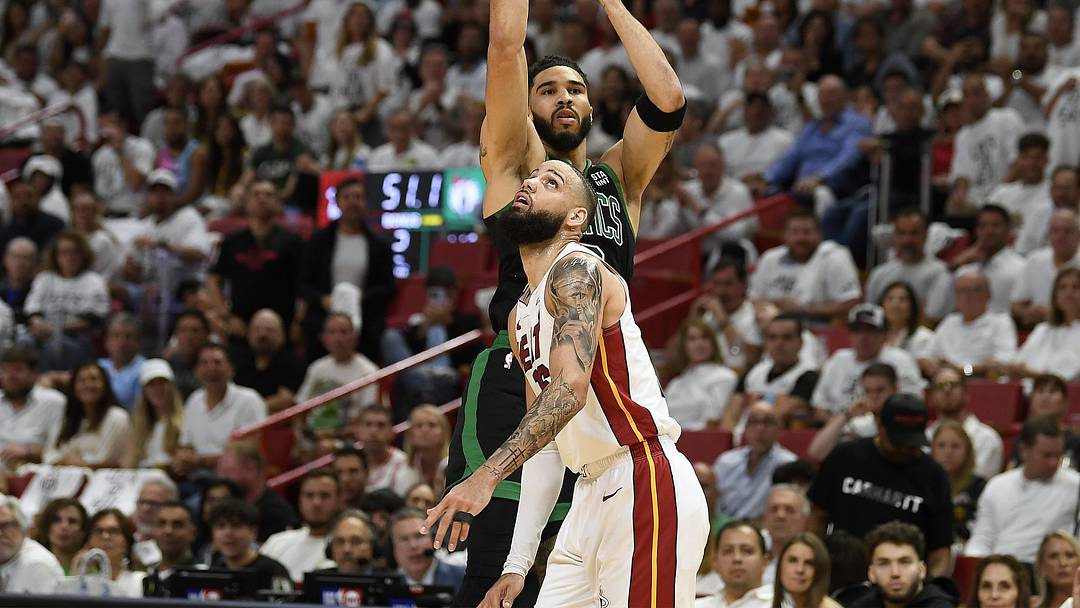 Apr 29, 2024; Miami, Florida, USA; Boston Celtics forward Jayson Tatum (0) takes a 3-point shot in