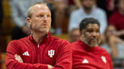 Indiana head coach Darian DeVries during an exhibition game against Marian at Simon Skjodt Assembly Hall.