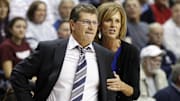 Dec 6, 2012; Storrs, CT, USA; Connecticut Huskies head coach Geno Auriemma (left) reacts on the sideline with associate head coach Chris Dailey as they take on the Penn State Lady Lions during the second half at Gampel Pavilion. UConn defeated the Lady Lions 67-52. Mandatory Credit: David Butler II-Imagn Images