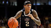 Dec 21, 2024; Minneapolis, Minnesota, USA; Fairleigh Dickinson Knights guard Terrence Brown (2) dribbles during the second half against the Minnesota Golden Gophers at Williams Arena. Mandatory Credit: Matt Krohn-Imagn Images