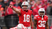 Ohio State quarterback Will Howard motions at the line of scrimmage during a game. The Buckeyes host archrival Michigan this weekend.