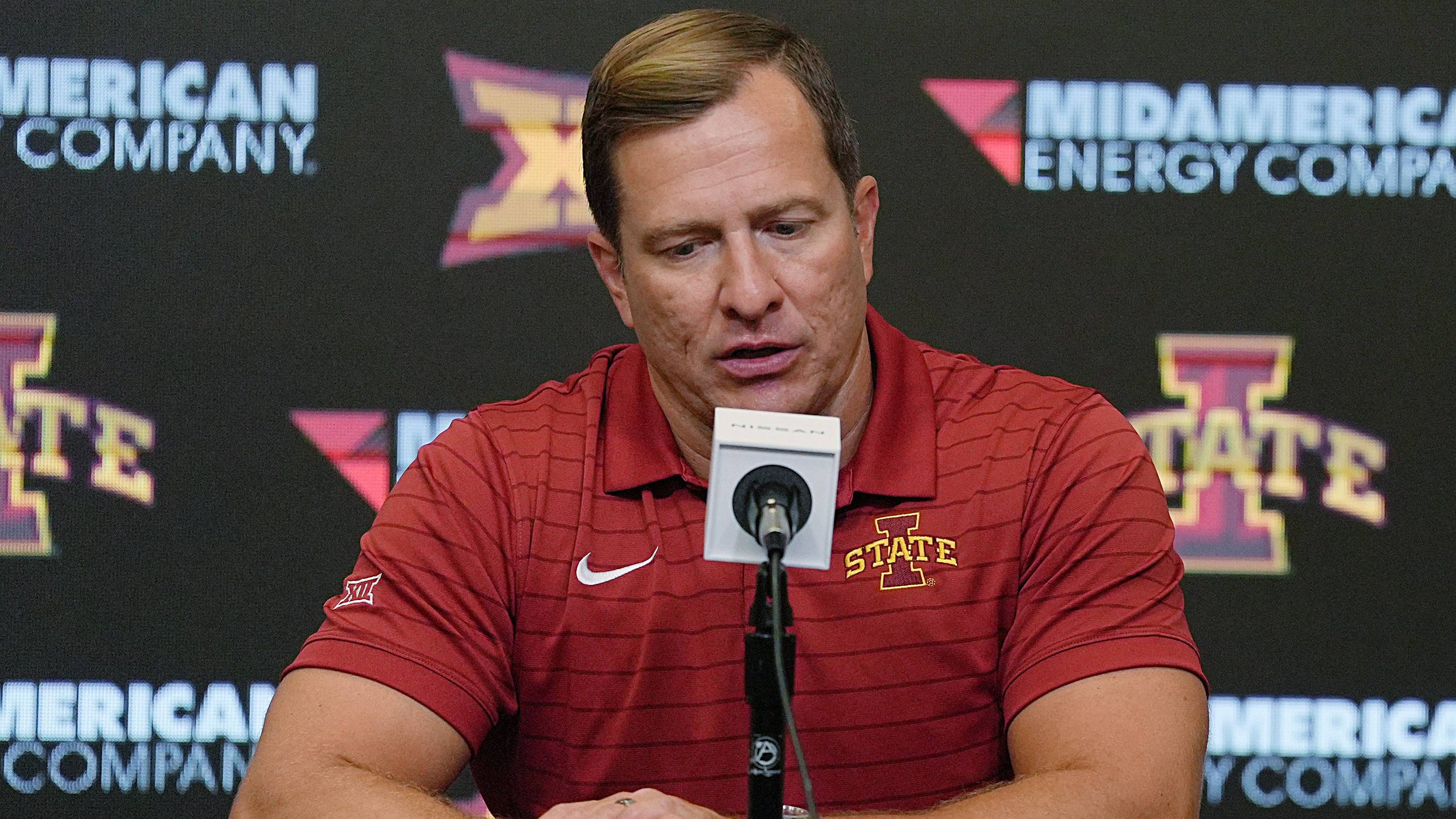 Iowa State Cyclones men's basketball head coach T.J. Otzelberger talks during the university men’s basketball media day at Hilton Coliseum on October. 8, 2025, in Ames, Iowa. | USA TODAY Network via Reuters Connect
