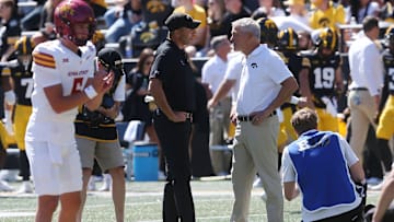 Iowa Hawkeyes head coach Kirk Ferentz greets Iowa State Cyclones football head coach Matt Campbell before the Cy-Hawk football game at Kinnick Stadium on Saturday, Sept. 7, 2024, in Iowa City, Iowa.
