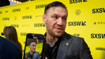 March 8, 2024; Austin TX; Conor McGregor speaks to press on the red carpet before the premiere of Roadhouse at the Paramount Theatre in Austin, Texas on the first day of South by Southwest, Friday, March 8, 2024. McGregor plays the character “Knox” in the movie.. Mandatory Credit: Sara Diggins-USA TODAY NETWORK  