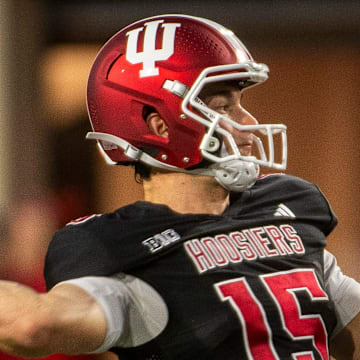 Indiana's Fernando Mendoza (15) passes during the Indiana football spring game at Memorial Stadium on Thursday, April 17, 2025.
