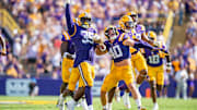 Tigers Saivion Jones 35 and Whit Weeks 40 celebrate after a fumble recovery as the LSU Tigers take on UCLA at Tiger Stadium in Baton Rouge, LA. Saturday, Sept. 21, 2024.