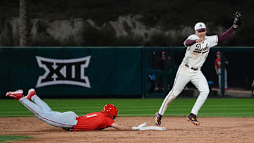 Arizona State's Matt King, right, beats Ohio State's Matthew Graveline to second base to record the final out in the Sun Devils' 9-8 victory over the Buckeyes on Friday, Feb. 14, 2025