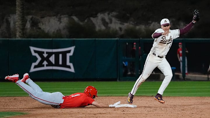 Arizona State's Matt King, right, beats Ohio State's Matthew Graveline to second base to record the final out in the Sun Devils' 9-8 victory over the Buckeyes on Friday, Feb. 14, 2025