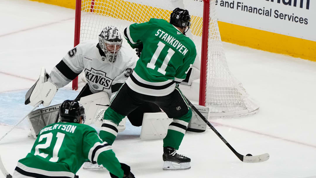 Feb 28, 2025; Dallas, Texas, USA; Dallas Stars center Logan Stankoven (11) scores a goal against the Los Angeles Kings during the third period at American Airlines Center. Mandatory Credit: Chris Jones-Imagn Images