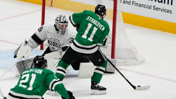 Feb 28, 2025; Dallas, Texas, USA; Dallas Stars center Logan Stankoven (11) scores a goal against the Los Angeles Kings during the third period at American Airlines Center. Mandatory Credit: Chris Jones-Imagn Images