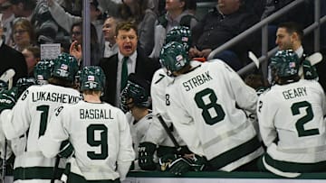 MSU hockey coach Adam Nightingale coaches his Spartans, Saturday, March 22, 2025, during the third period of the Big 10 Hockey final at Munn Ice Arena. MSU won 4-3 in double overtime.