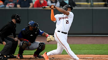 Shorebirds' Samuel Basallo (21) swings in the game against the Cannon Ballers Tuesday, April 11, 2023, at Perdue Stadium in Salisbury, Maryland. The Shorebirds defeated the Cannon Ballers 7-2.

Bbm Delmarva Shorebirds Kannapolis Cannon Ballers