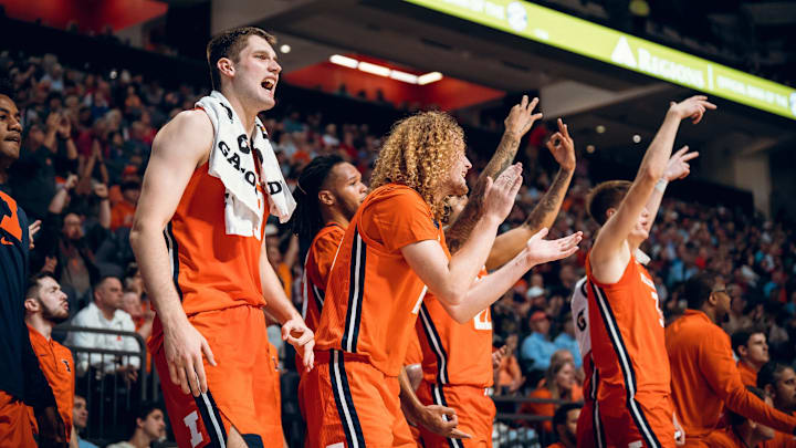 University of Illinois basketball players cheer on teammates in last week's exhibition game against Ole Miss at Oxford, Mississippi. Illinois' 2024-25 regular season begins Monday at home against Eastern Illinois. University of Illinois basketball players cheer on teammates in last week's exhibition game against Ole Miss at Oxford, Mississippi. Illinois' 2024-25 regular season begins Monday at home against Eastern Illinois.