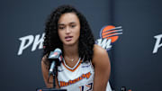 Celeste Taylor takes questions from reporters at Phoenix Mercury Media Day on April 30, 2025, in Phoenix.