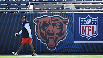 Sep 10, 2023; Chicago, Illinois, USA;  Chicago Bears general manager Ryan Poles walks laps around the field before their game against the Green Bay Packers at Soldier Field. Mandatory Credit: Jamie Sabau-Imagn Images