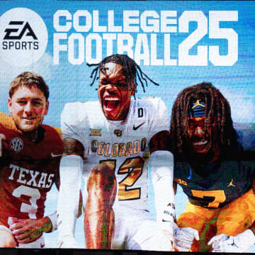 A commercial for the College Football 25 video game plays on May 16, 2024 at UFCU Disch-Falk Field in Austin.