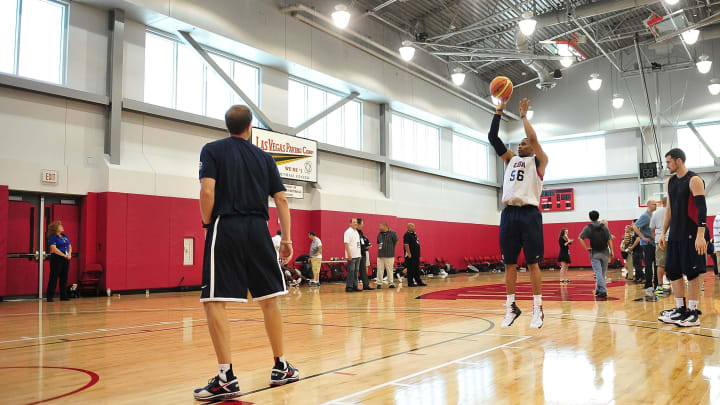 July 6, 2012; Las Vegas, NV, USA; Team USA guard Russell Westbrook (center right) and forward Kevin Love (far right) during practice at the UNLV Mendenhall Center. Mandatory Credit: Gary A. Vasquez-USA TODAY Sports