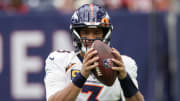 Dec 3, 2023; Houston, Texas, USA; Denver Broncos quarterback Russell Wilson (3) warms up before playing against the Houston Texans at NRG Stadium. Mandatory Credit: Thomas Shea-USA TODAY Sports